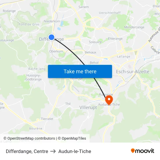 Differdange, Centre to Audun-le-Tiche map