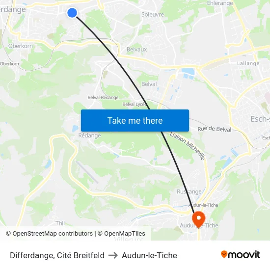 Differdange, Cité Breitfeld to Audun-le-Tiche map