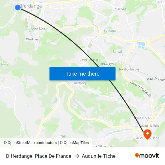 Differdange, Place De France to Audun-le-Tiche map
