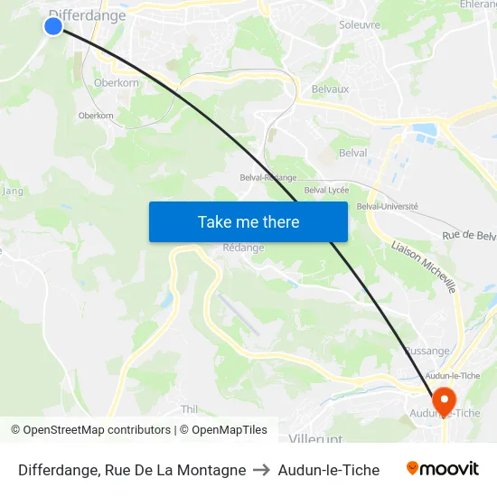 Differdange, Rue De La Montagne to Audun-le-Tiche map