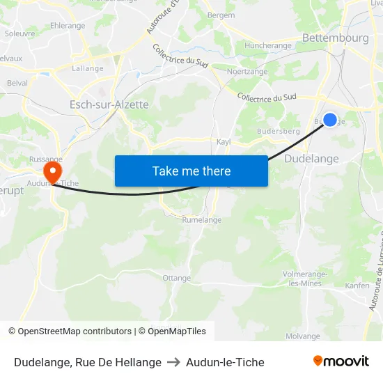 Dudelange, Rue De Hellange to Audun-le-Tiche map
