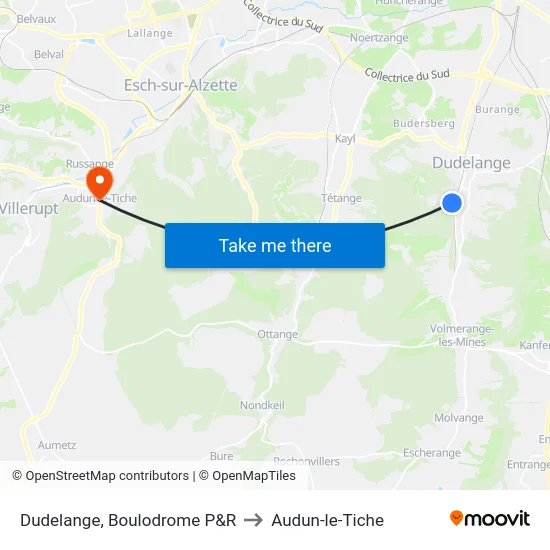 Dudelange, Boulodrome P&R to Audun-le-Tiche map