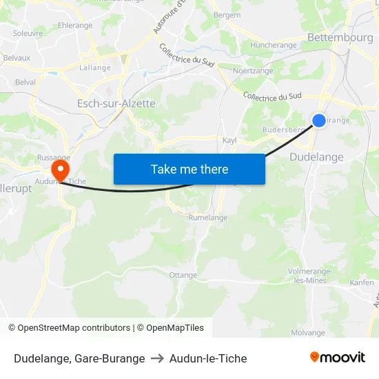 Dudelange, Gare-Burange to Audun-le-Tiche map