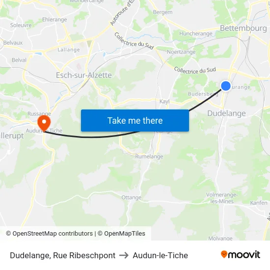 Dudelange, Rue Ribeschpont to Audun-le-Tiche map