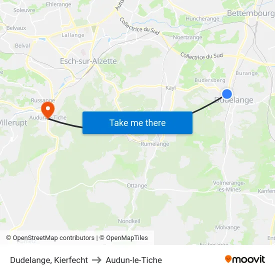 Dudelange, Kierfecht to Audun-le-Tiche map
