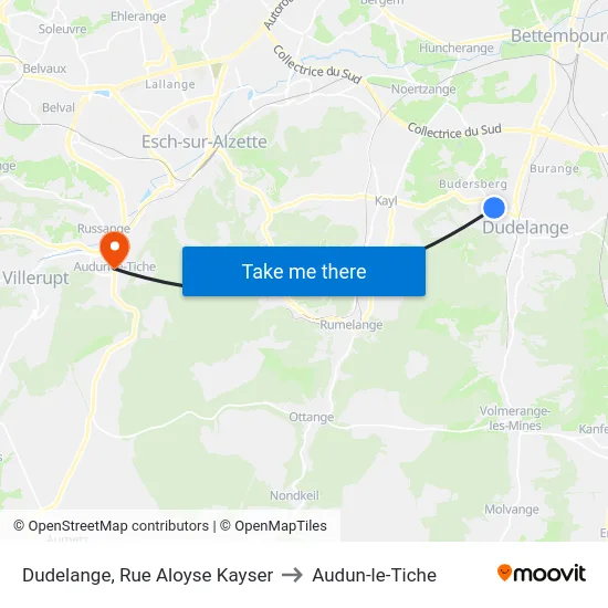 Dudelange, Rue Aloyse Kayser to Audun-le-Tiche map