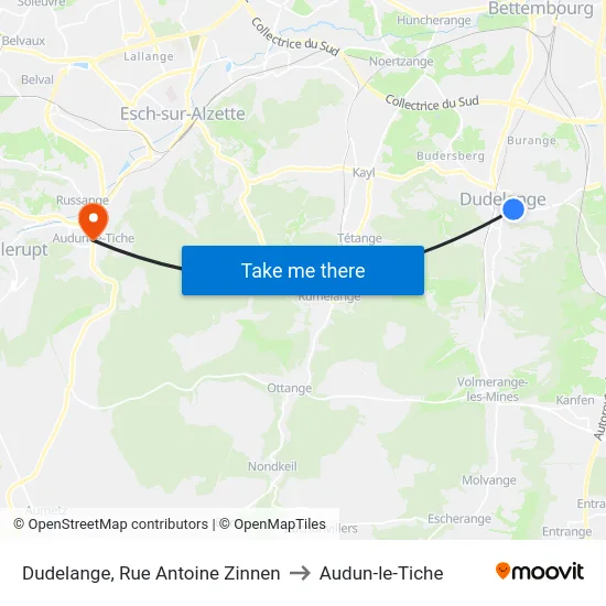 Dudelange, Rue Antoine Zinnen to Audun-le-Tiche map