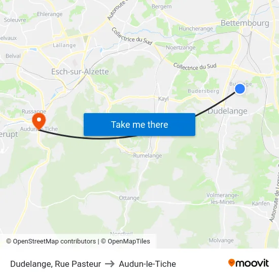 Dudelange, Rue Pasteur to Audun-le-Tiche map
