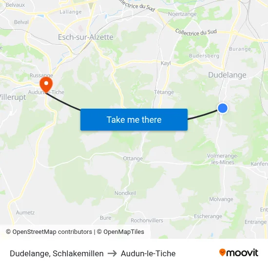 Dudelange, Schlakemillen to Audun-le-Tiche map