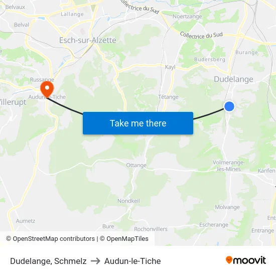 Dudelange, Schmelz to Audun-le-Tiche map