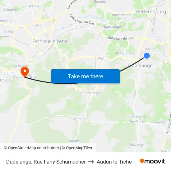 Dudelange, Rue Fany Schumacher to Audun-le-Tiche map