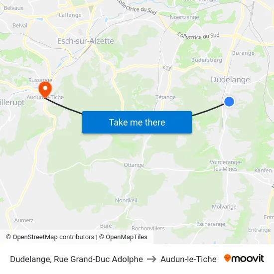 Dudelange, Rue Grand-Duc Adolphe to Audun-le-Tiche map