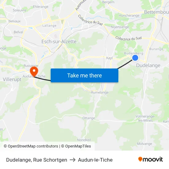 Dudelange, Rue Schortgen to Audun-le-Tiche map