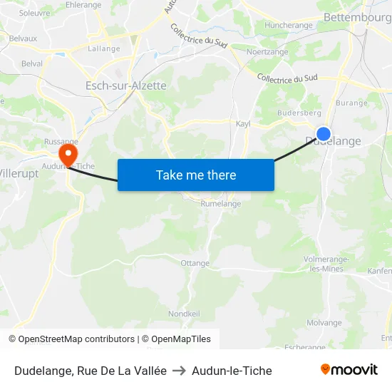 Dudelange, Rue De La Vallée to Audun-le-Tiche map