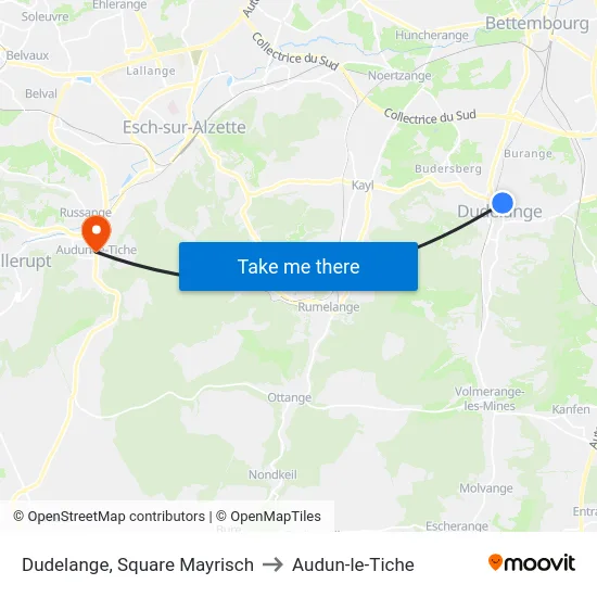 Dudelange, Square Mayrisch to Audun-le-Tiche map