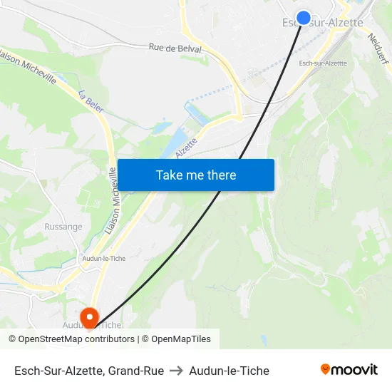 Esch-Sur-Alzette, Grand-Rue to Audun-le-Tiche map