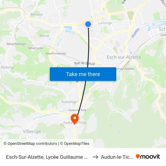 Esch-Sur-Alzette, Lycée Guillaume Kroll to Audun-le-Tiche map