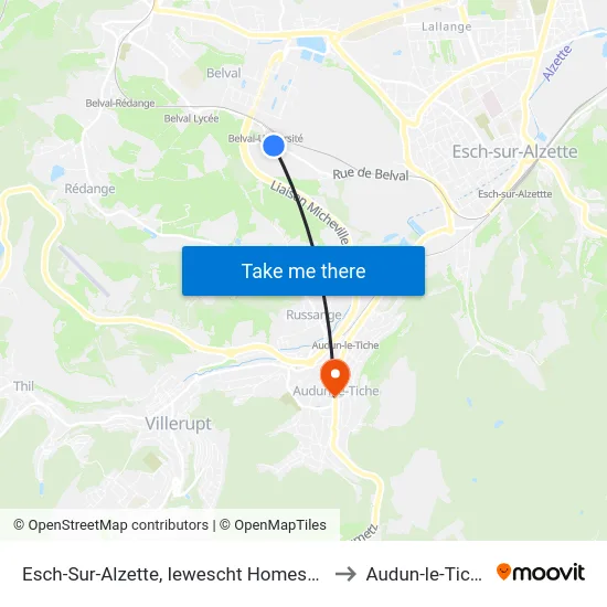 Esch-Sur-Alzette, Iewescht Homescht to Audun-le-Tiche map