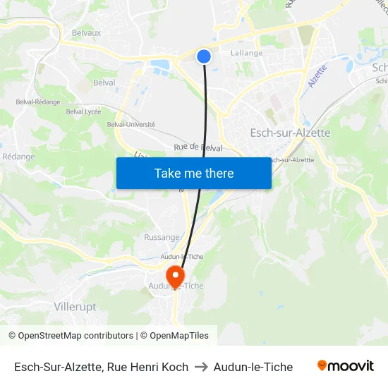 Esch-Sur-Alzette, Rue Henri Koch to Audun-le-Tiche map