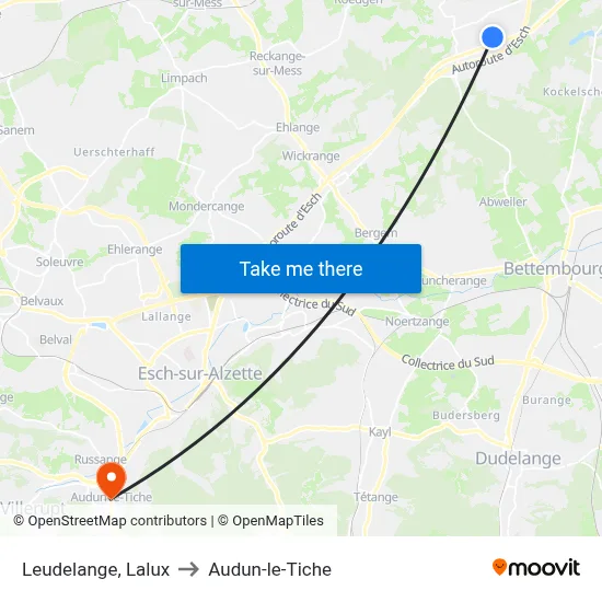 Leudelange, Lalux to Audun-le-Tiche map