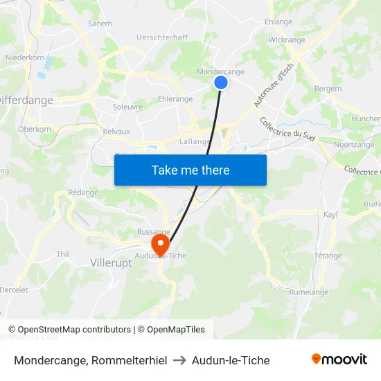 Mondercange, Rommelterhiel to Audun-le-Tiche map