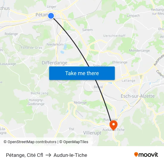 Pétange, Cité Cfl to Audun-le-Tiche map