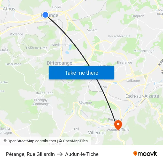 Pétange, Rue Gillardin to Audun-le-Tiche map