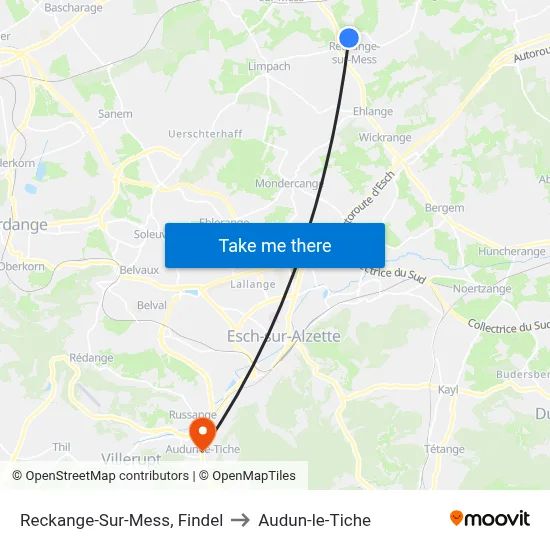 Reckange-Sur-Mess, Findel to Audun-le-Tiche map