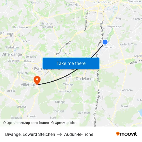Bivange, Edward Steichen to Audun-le-Tiche map