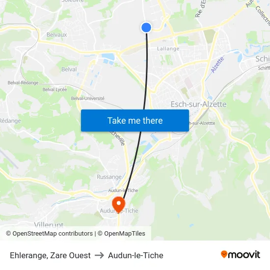 Ehlerange, Zare Ouest to Audun-le-Tiche map