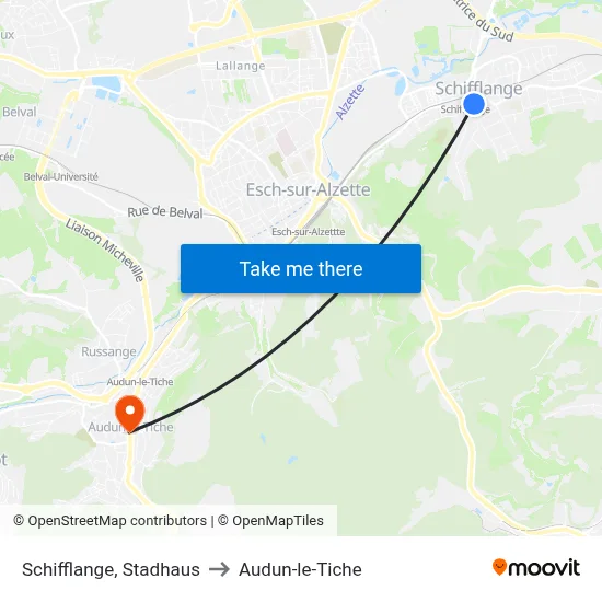Schifflange, Stadhaus to Audun-le-Tiche map