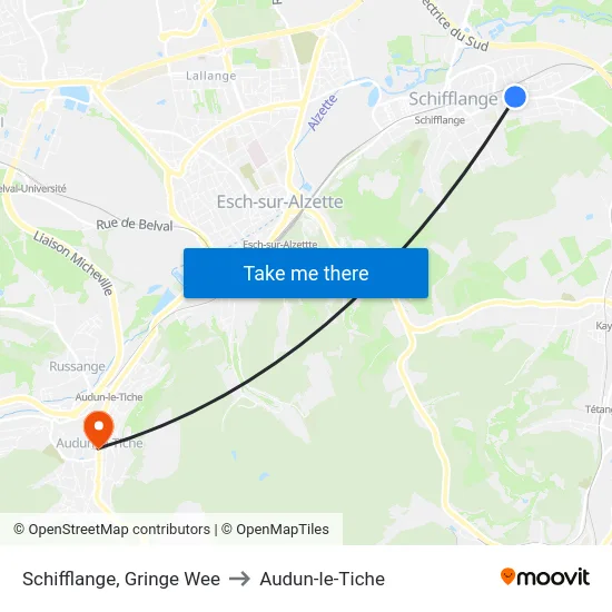Schifflange, Gringe Wee to Audun-le-Tiche map