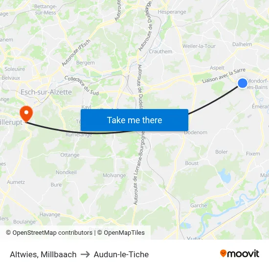Altwies, Millbaach to Audun-le-Tiche map