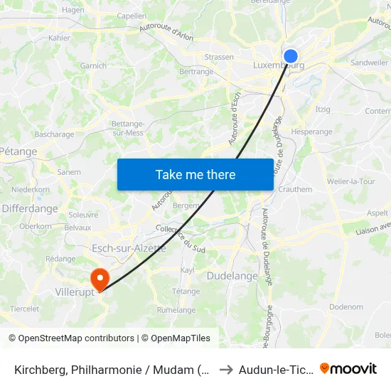 Kirchberg, Philharmonie / Mudam (Bus) to Audun-le-Tiche map