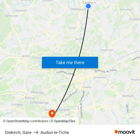 Diekirch, Gare to Audun-le-Tiche map