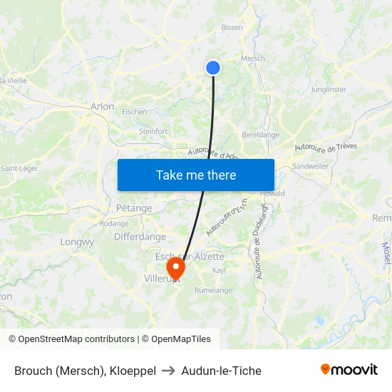 Brouch (Mersch), Kloeppel to Audun-le-Tiche map