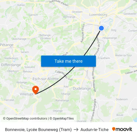 Bonnevoie, Lycée Bouneweg (Tram) to Audun-le-Tiche map