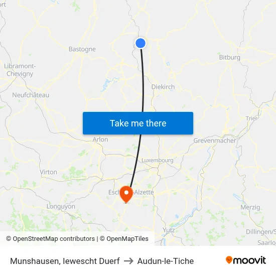 Munshausen, Iewescht Duerf to Audun-le-Tiche map