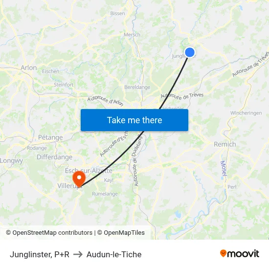 Junglinster, P+R to Audun-le-Tiche map