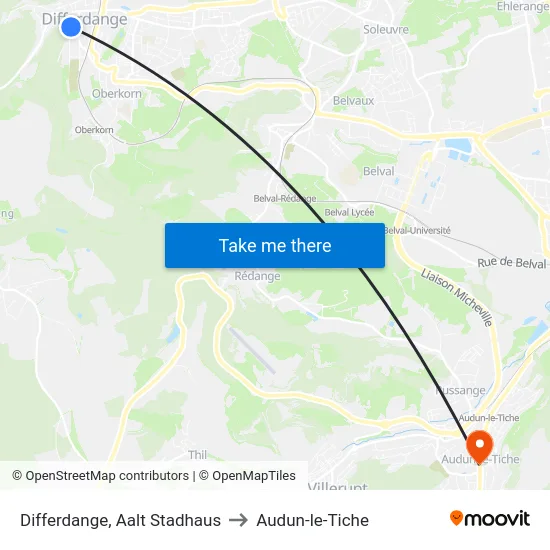 Differdange, Aalt Stadhaus to Audun-le-Tiche map