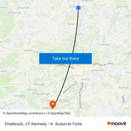 Ettelbruck, J-F Kennedy to Audun-le-Tiche map