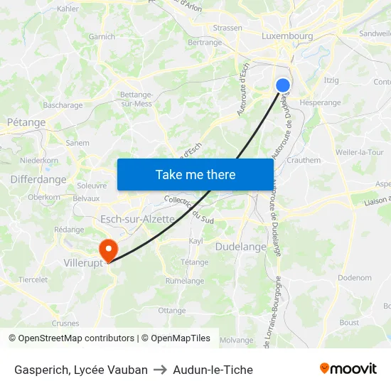 Gasperich, Lycée Vauban to Audun-le-Tiche map