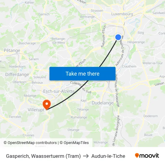 Gasperich, Waassertuerm (Tram) to Audun-le-Tiche map