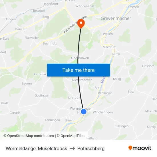Wormeldange, Muselstrooss to Potaschberg map