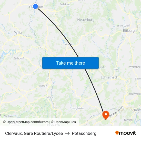 Clervaux, Gare Routière/Lycée to Potaschberg map