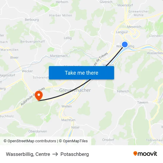 Wasserbillig, Centre to Potaschberg map