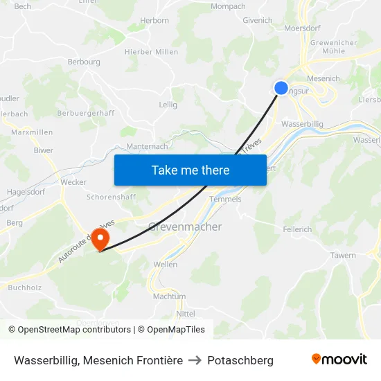 Wasserbillig, Mesenich Frontière to Potaschberg map