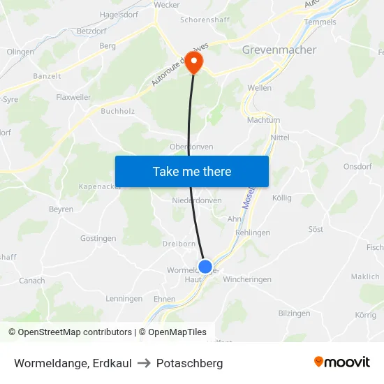 Wormeldange, Erdkaul to Potaschberg map