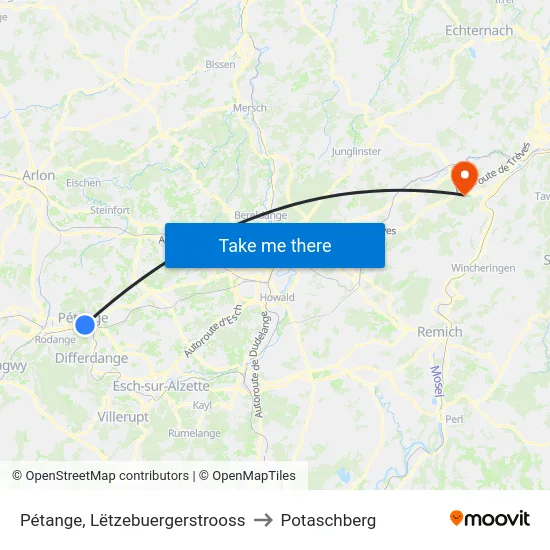 Pétange, Lëtzebuergerstrooss to Potaschberg map