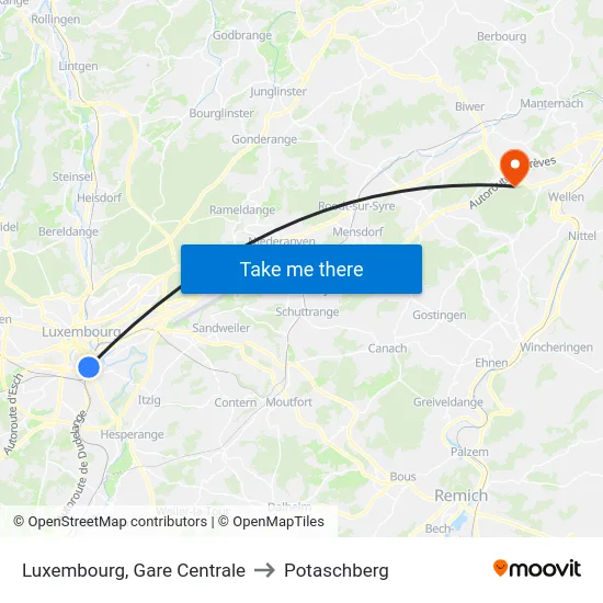 Luxembourg, Gare Centrale to Potaschberg map